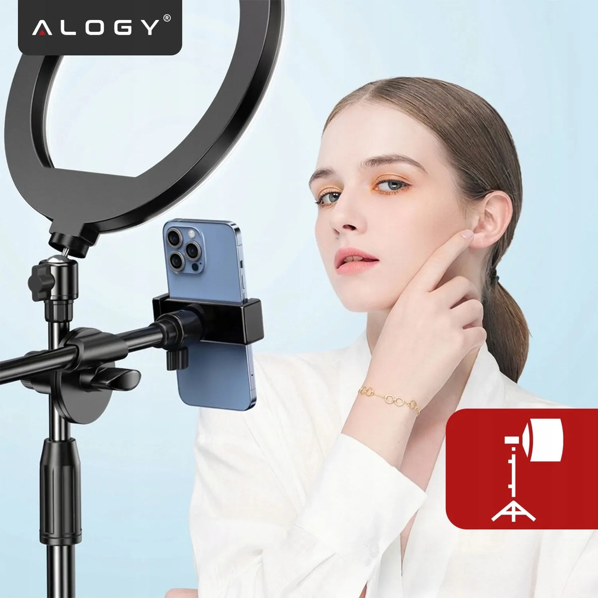 Alogy LED žiedinė lempa fotografijai su trikoju, 2 telefono laikikliais ir nuotolinio valdymo pulteliu
