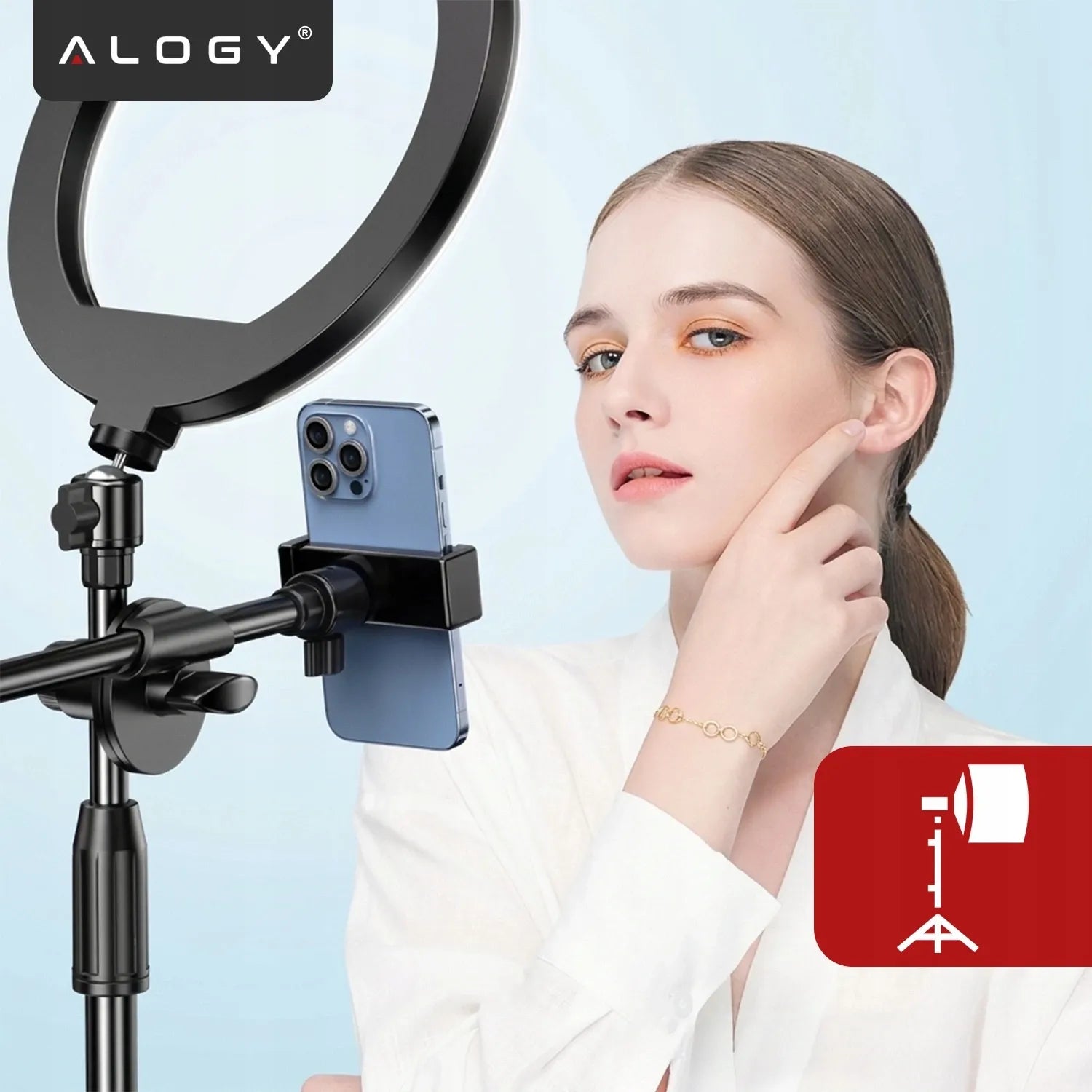 Alogy LED žiedinė lempa fotografijai su trikoju, 2 telefono laikikliais ir nuotolinio valdymo pulteliu
