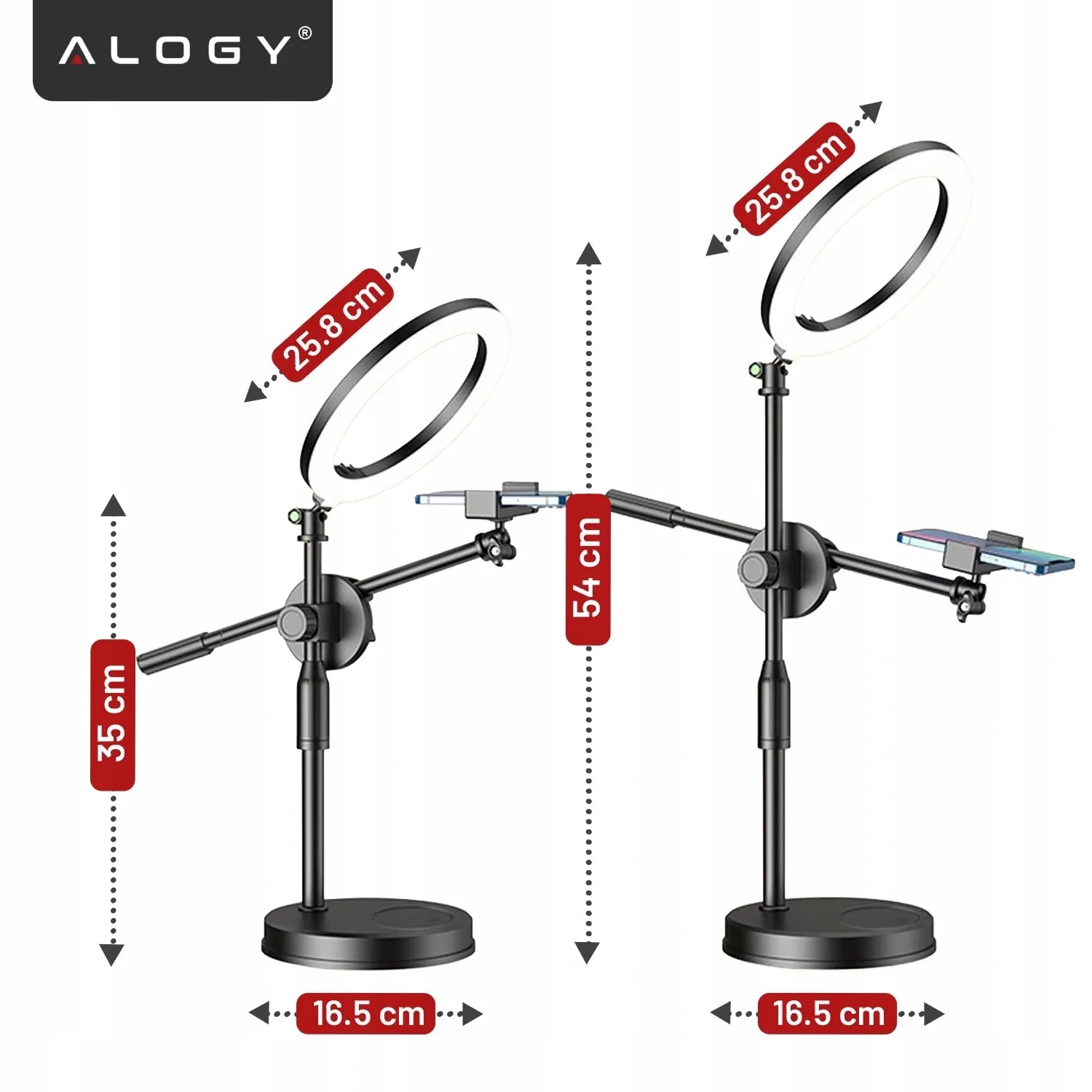 Alogy LED žiedinė lempa fotografijai su trikoju, 2 telefono laikikliais ir nuotolinio valdymo pulteliu