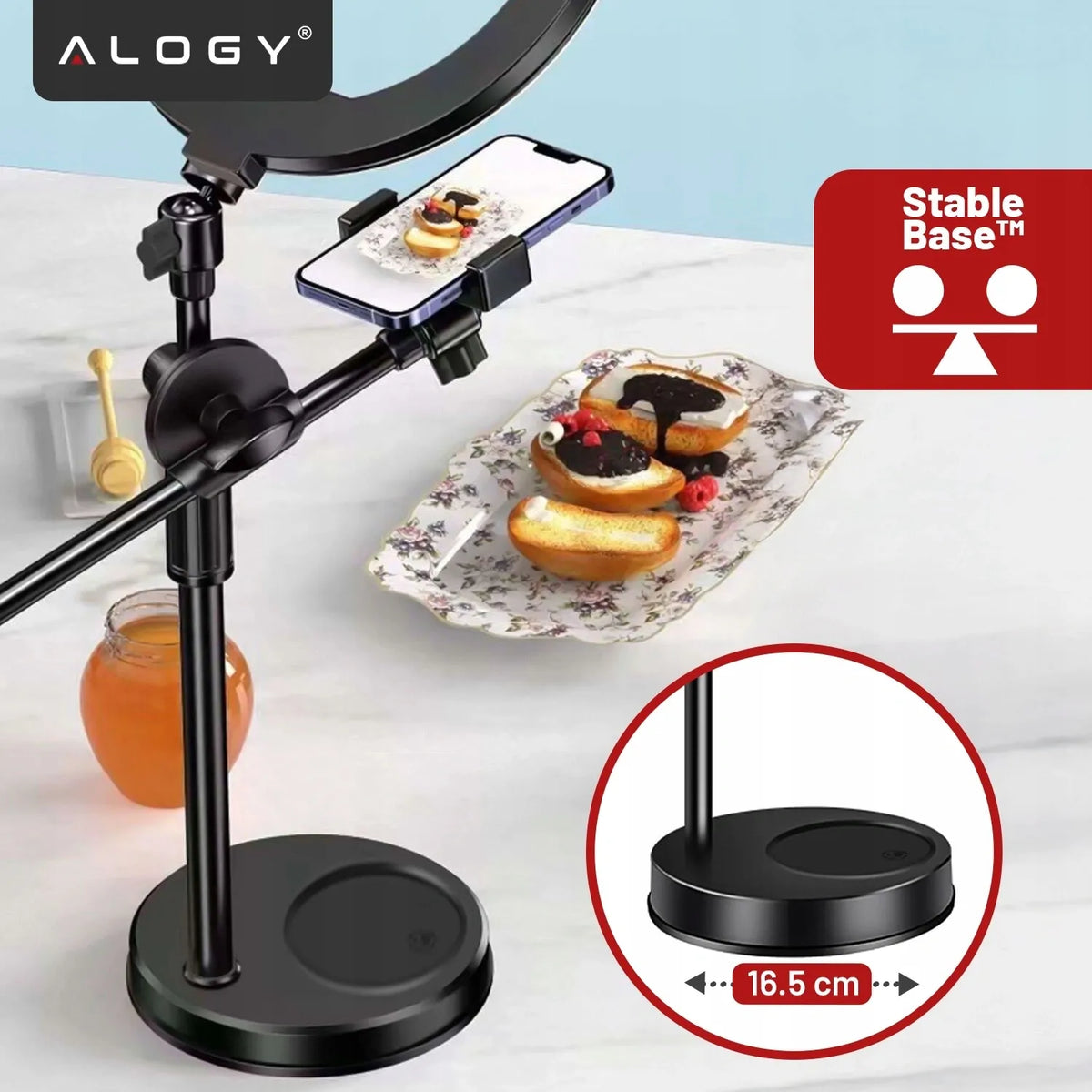 Alogy LED žiedinė lempa fotografijai su trikoju, 2 telefono laikikliais ir nuotolinio valdymo pulteliu