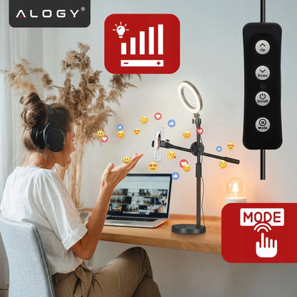 Alogy LED žiedinė lempa fotografijai su trikoju, 2 telefono laikikliais ir nuotolinio valdymo pulteliu