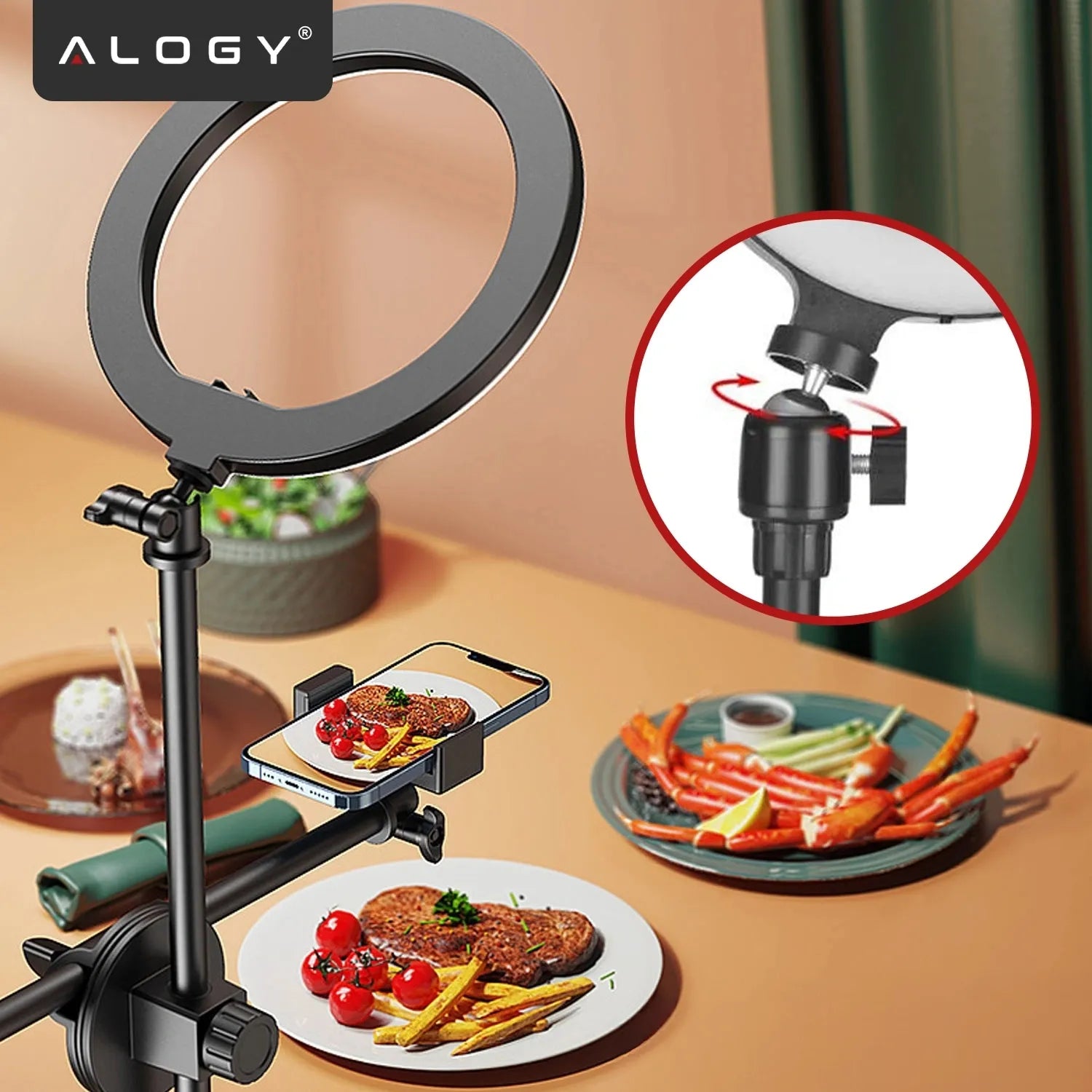 Alogy LED žiedinė lempa fotografijai su trikoju, 2 telefono laikikliais ir nuotolinio valdymo pulteliu