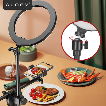 Alogy LED žiedinė lempa fotografijai su trikoju, 2 telefono laikikliais ir nuotolinio valdymo pulteliu