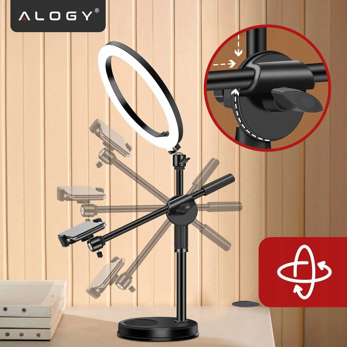 Alogy LED žiedinė lempa fotografijai su trikoju, 2 telefono laikikliais ir nuotolinio valdymo pulteliu