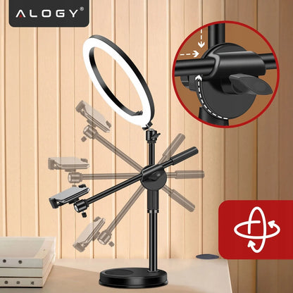 Alogy LED žiedinė lempa fotografijai su trikoju, 2 telefono laikikliais ir nuotolinio valdymo pulteliu
