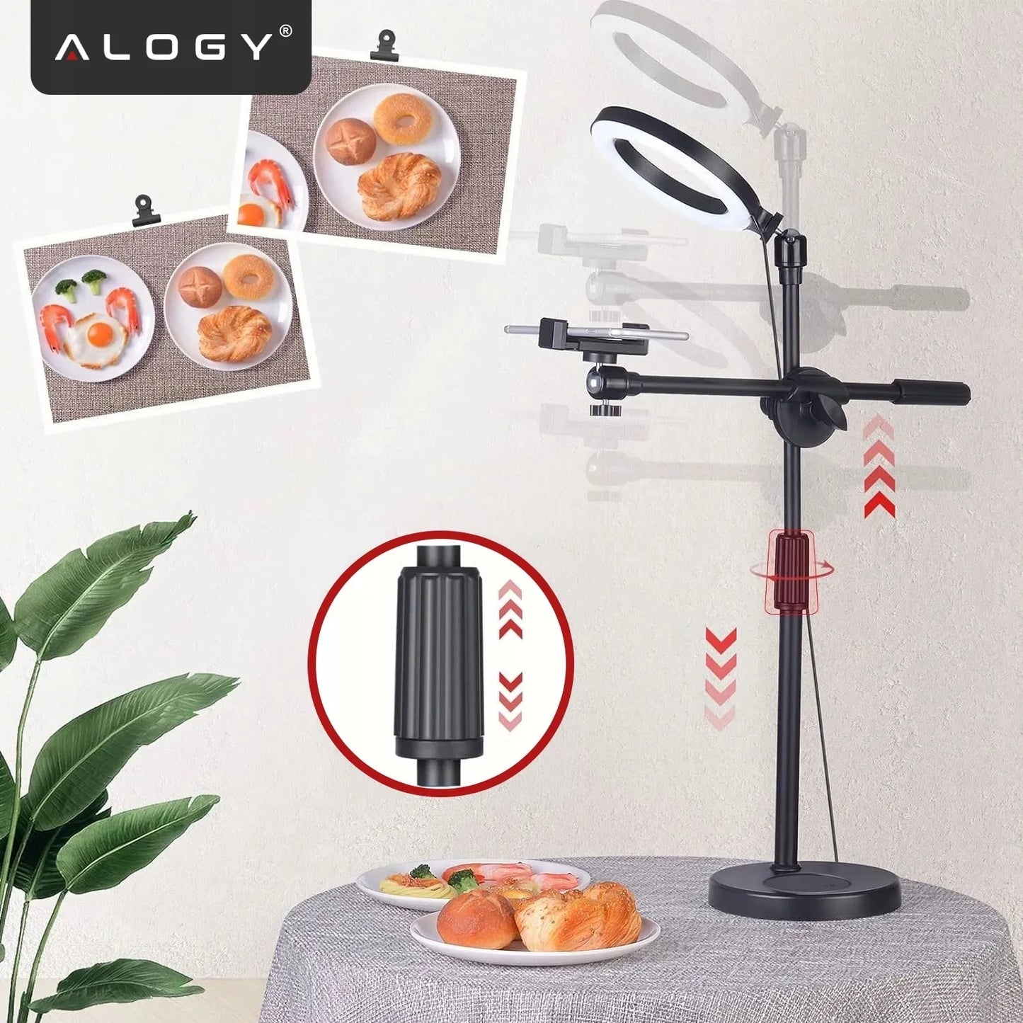 Alogy LED žiedinė lempa fotografijai su trikoju, 2 telefono laikikliais ir nuotolinio valdymo pulteliu