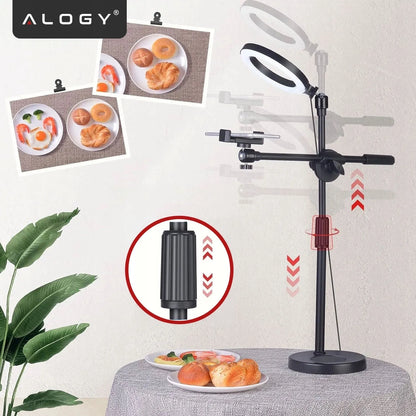 Alogy LED žiedinė lempa fotografijai su trikoju, 2 telefono laikikliais ir nuotolinio valdymo pulteliu