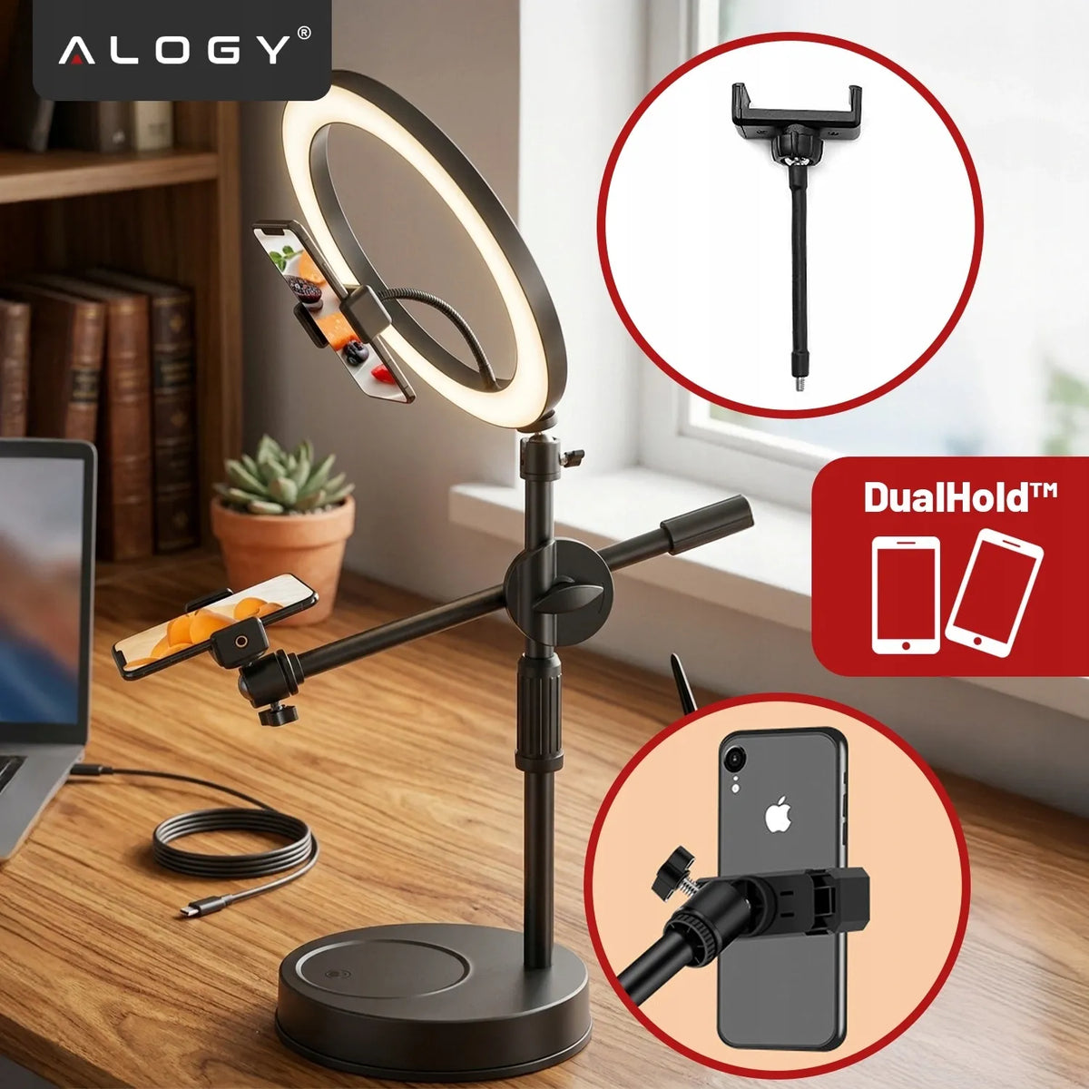 Alogy LED žiedinė lempa fotografijai su trikoju, 2 telefono laikikliais ir nuotolinio valdymo pulteliu
