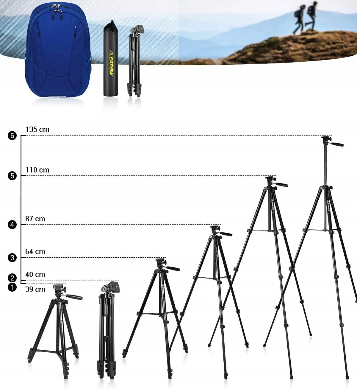 Alogy lengvas aliumininis trikojis 39–135 cm, 3 viename, su „Bluetooth“ nuotolinio valdymo pulteliu, telefono laikikliu ir krepšiu