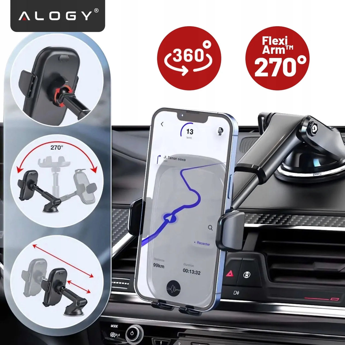 Alogy stiprus automobilinis telefono laikiklis tvirtinamas prie stiklo, prietaisų skydelio arba grotelių
