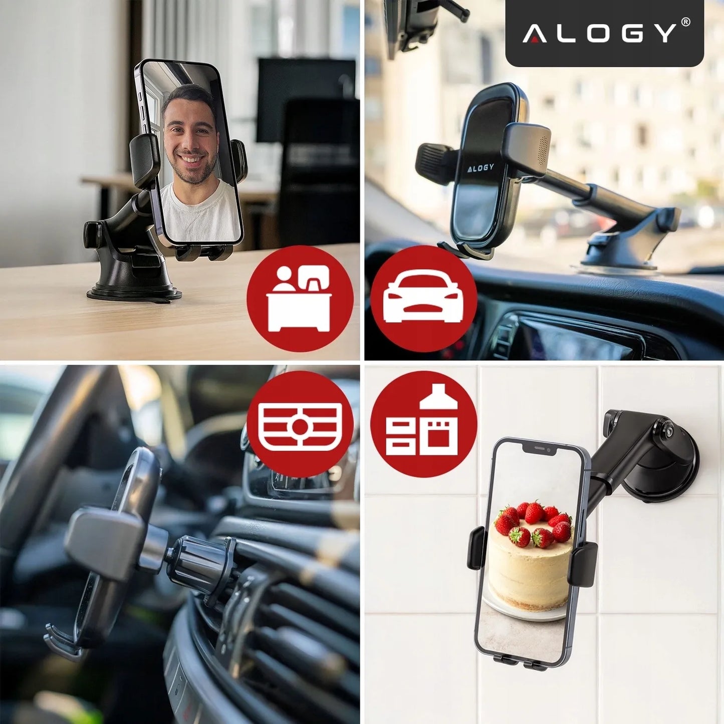 Alogy stiprus automobilinis telefono laikiklis tvirtinamas prie stiklo, prietaisų skydelio arba grotelių