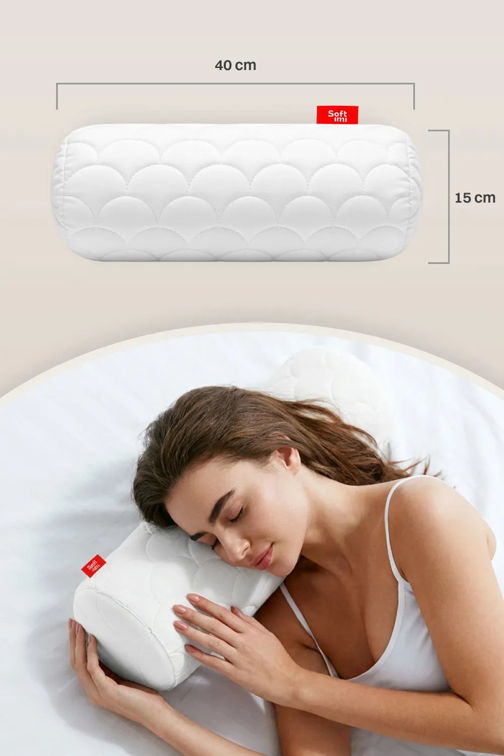 ANTIALERGINĖ PAGALVĖ 15x40 RITINIO FORMOS, DYGSNUOTA, SU UŽTRAUKTUKU, BALTA
