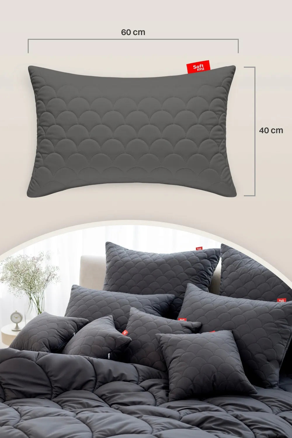 Antialerginė pagalvė 40x60 cm miegui su užtrauktuku dygsniuota pilka iš Lenkijos