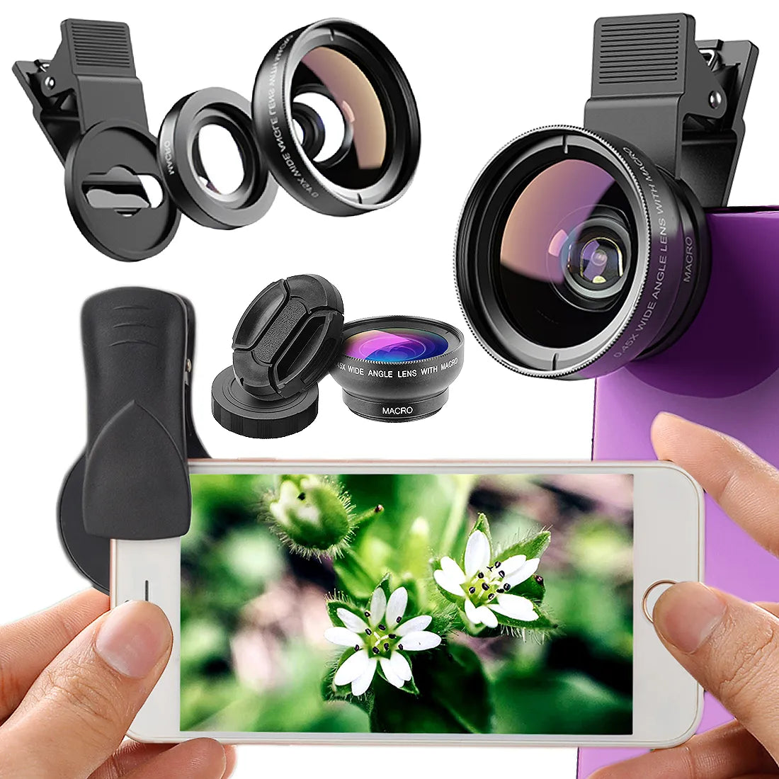 APEXEL 2-in-1 telefono objektyvų rinkinys: makro ir plataus kampo HD