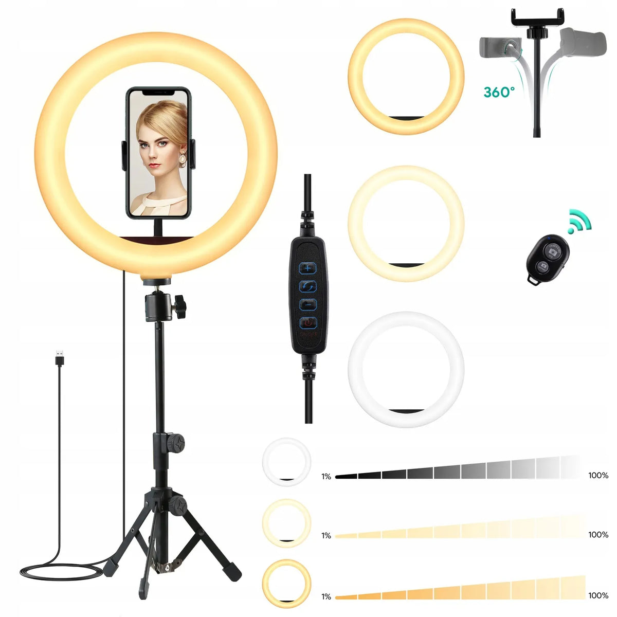 APEXEL 26cm LED žiedinė lempa su stovu, laikikliu ir 2 nuotolinio valdymo pulteliais, 3 spalvų režimai ir 10 ryškumo lygių