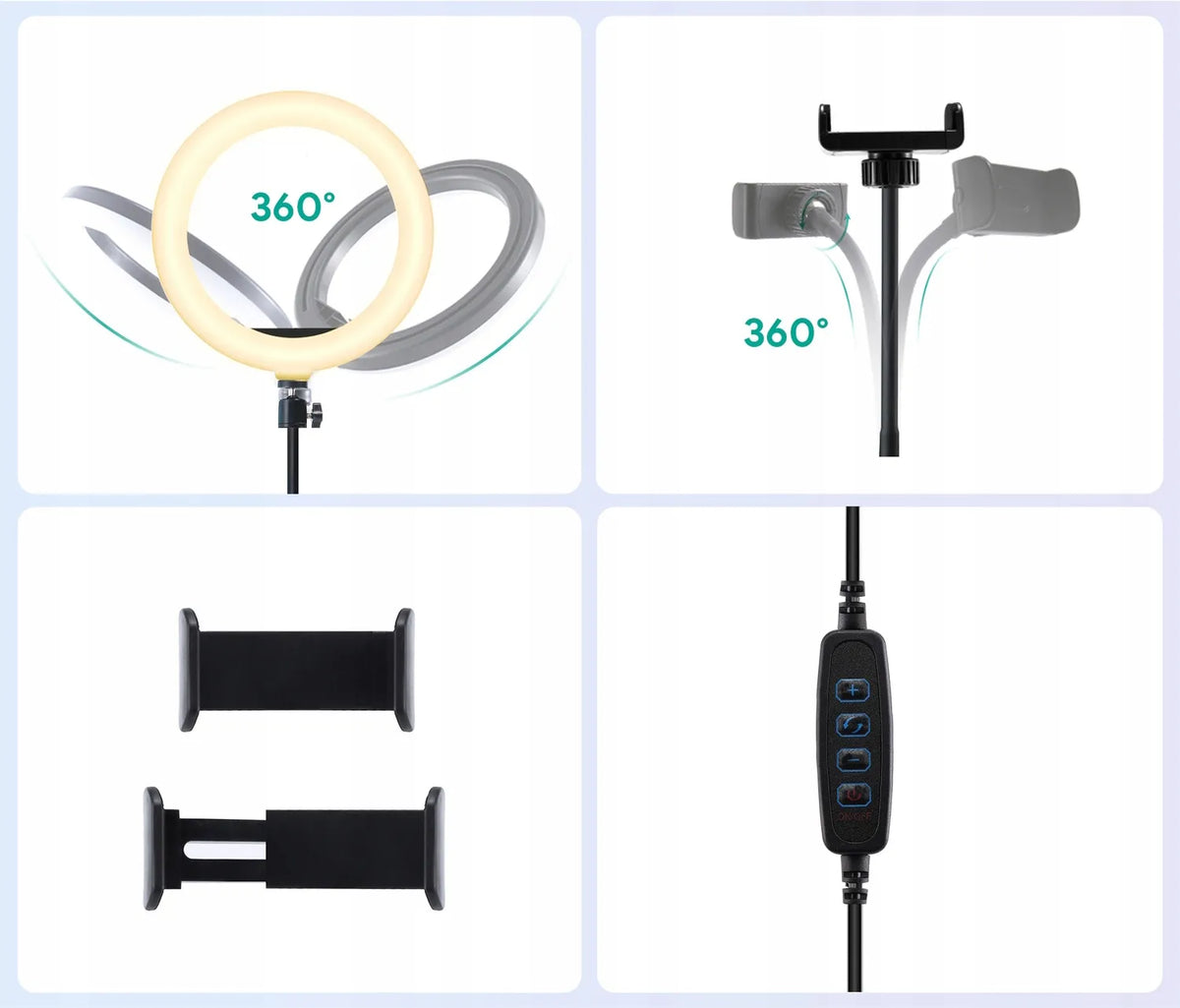 APEXEL 26cm LED žiedinė lempa su stovu, laikikliu ir 2 nuotolinio valdymo pulteliais, 3 spalvų režimai ir 10 ryškumo lygių