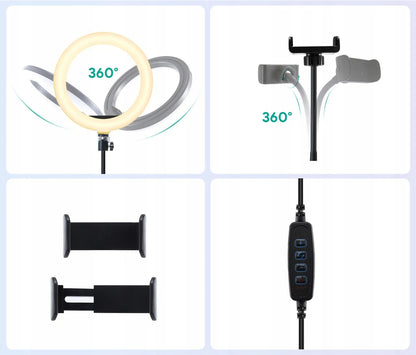 APEXEL 26cm LED žiedinė lempa su stovu, laikikliu ir 2 nuotolinio valdymo pulteliais, 3 spalvų režimai ir 10 ryškumo lygių