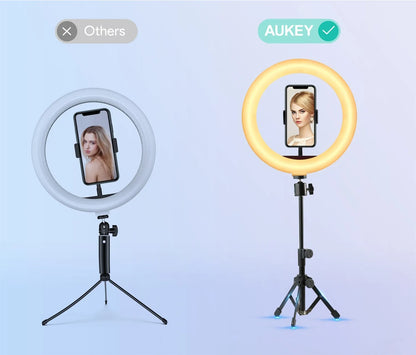 APEXEL 26cm LED žiedinė lempa su stovu, laikikliu ir 2 nuotolinio valdymo pulteliais, 3 spalvų režimai ir 10 ryškumo lygių
