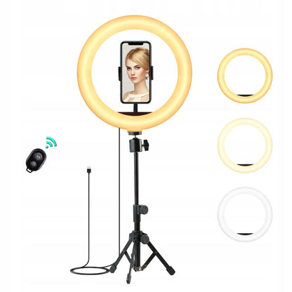 APEXEL 26cm LED žiedinė lempa su stovu, laikikliu ir 2 nuotolinio valdymo pulteliais, 3 spalvų režimai ir 10 ryškumo lygių