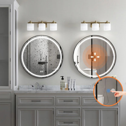 Apvalus LED veidrodis 70 cm vonios kambariui su juodu rėmu, apšvietimu ir nuo rasojimo apsaugos funkcija