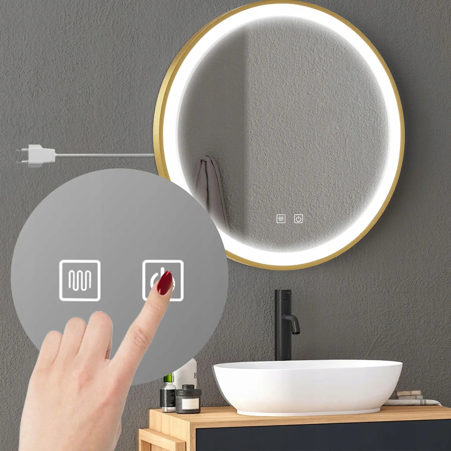 Apvalus LED veidrodis REA 90 cm auksinis su apšvietimu jutiklinis su garų šalinimo funkcija MMJ