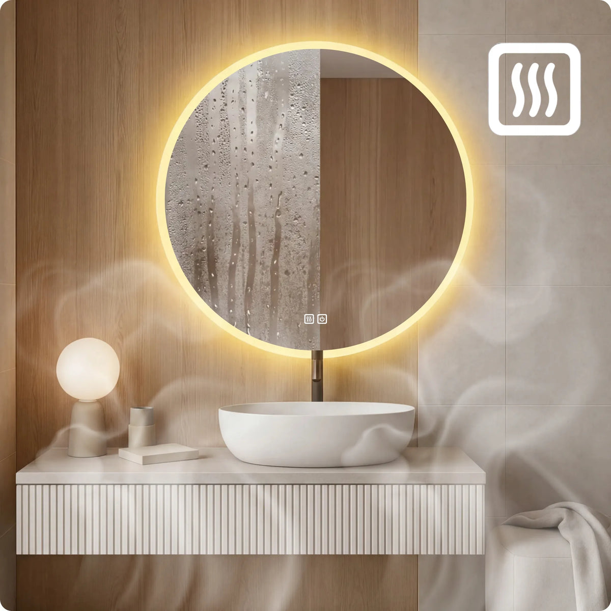 Apvalus LED vonios veidrodis 60 cm, apsauga nuo rasojimo, 3 šviesos spalvos, reguliuojamas ryškumas