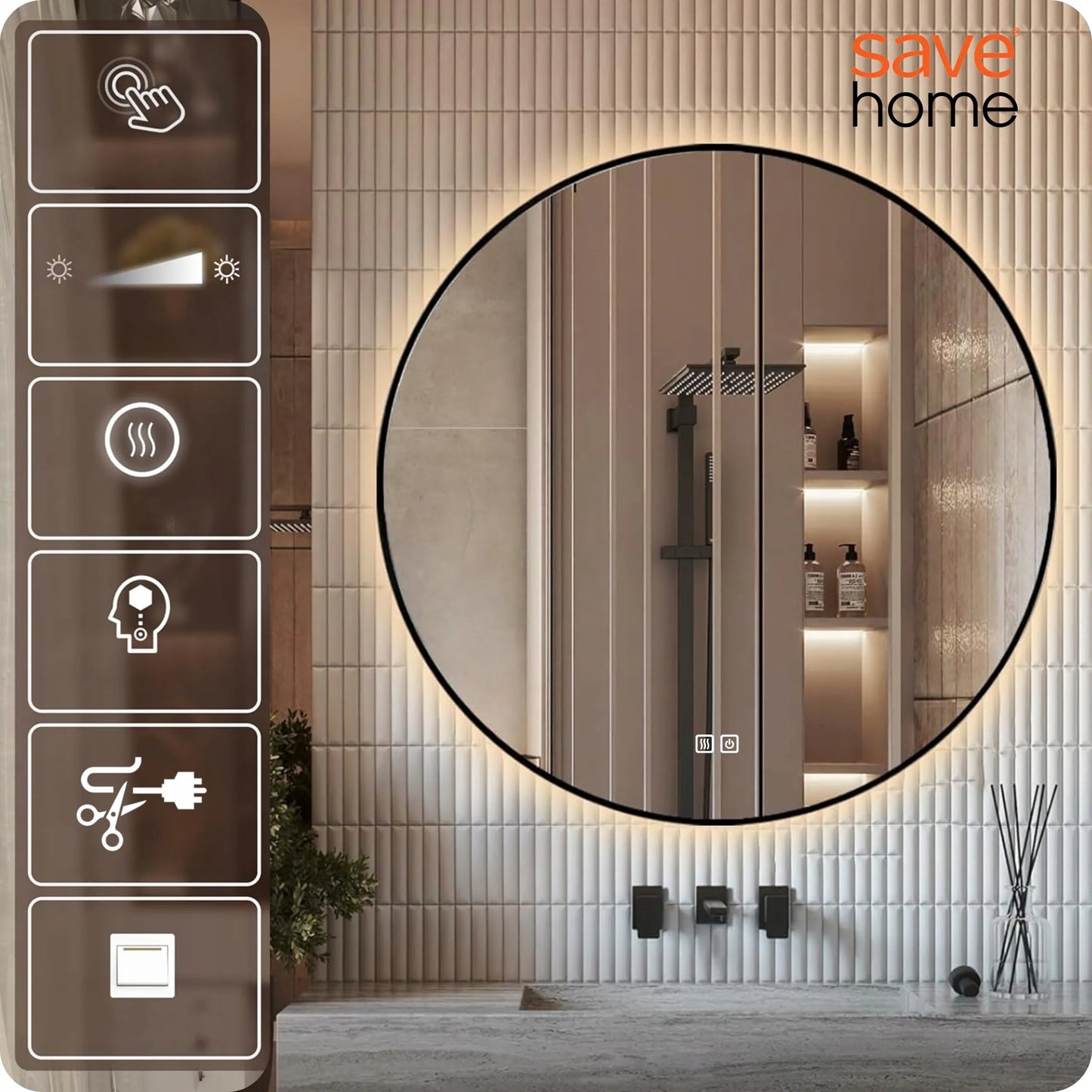 Apvalus LED vonios veidrodis 80 cm, apšviečiamas, loft stiliaus, juodas metalinis rėmas, PREMIUM