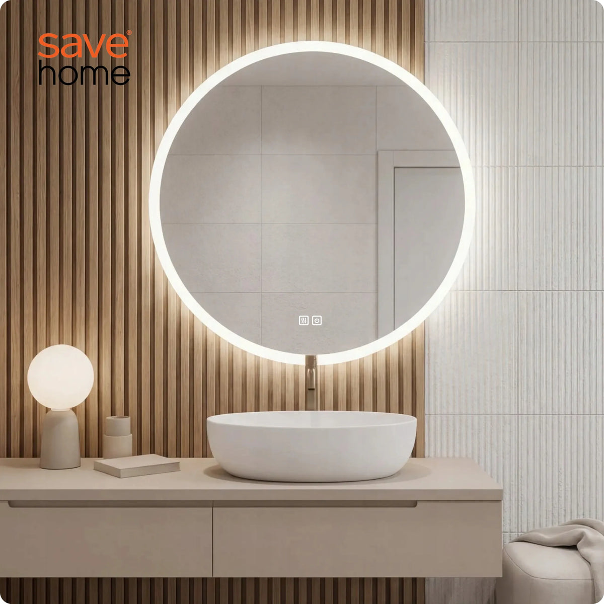 Apvalus LED vonios veidrodis 80 cm su apsauga nuo rasojimo, 3 šviesos spalvomis ir ryškumo reguliavimu