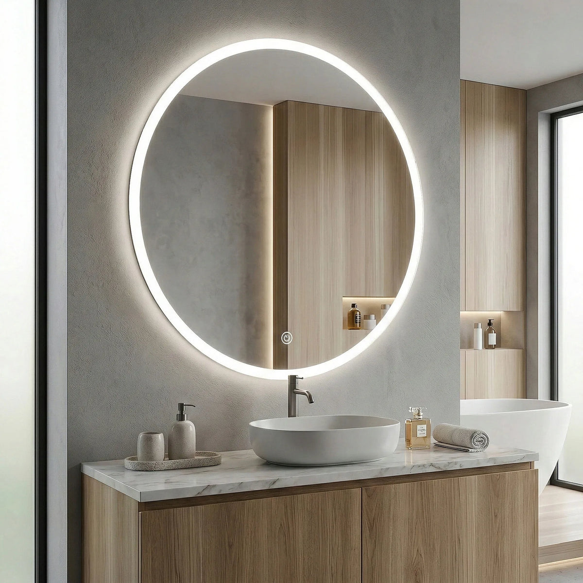 Apvalus „REA FFJ“ vonios veidrodis su LED apšvietimu ir jutikliniu valdymu, 90 cm