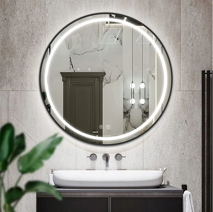 Apvalus vonios veidrodis juodame rėme 90 cm su LED apšvietimu ir nuo rasojimo funkcija