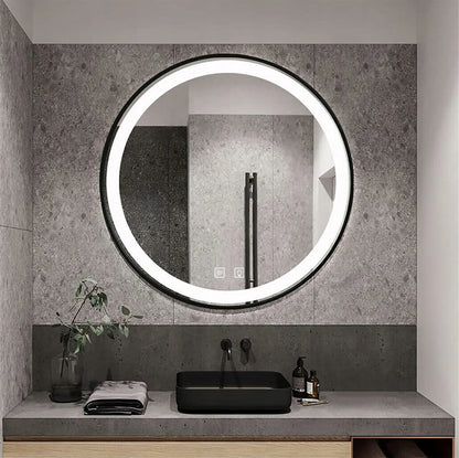 Apvalus vonios veidrodis juodame rėme 90 cm su LED apšvietimu ir nuo rasojimo funkcija