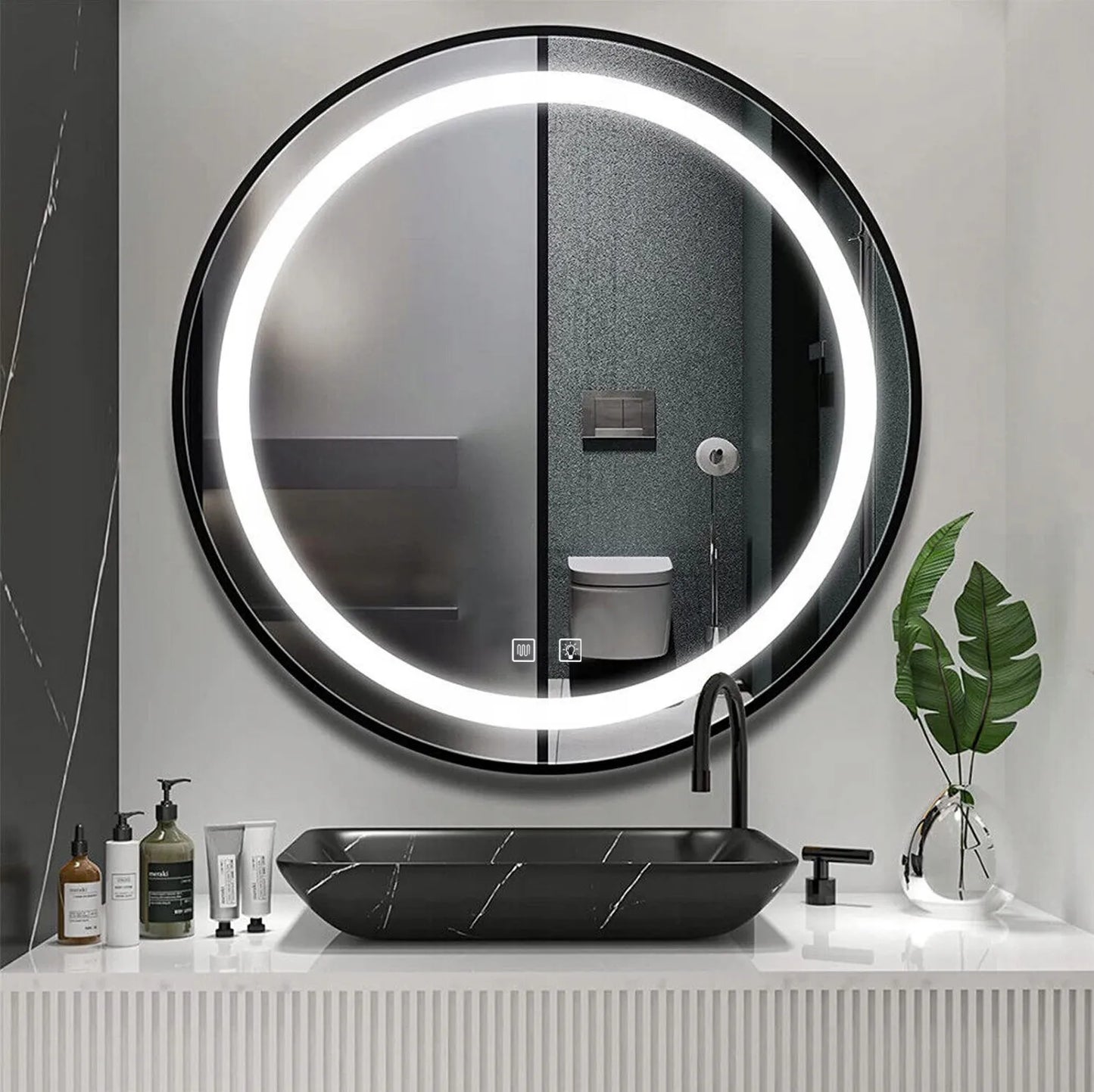Apvalus vonios veidrodis juodame rėme 90 cm su LED apšvietimu ir nuo rasojimo funkcija