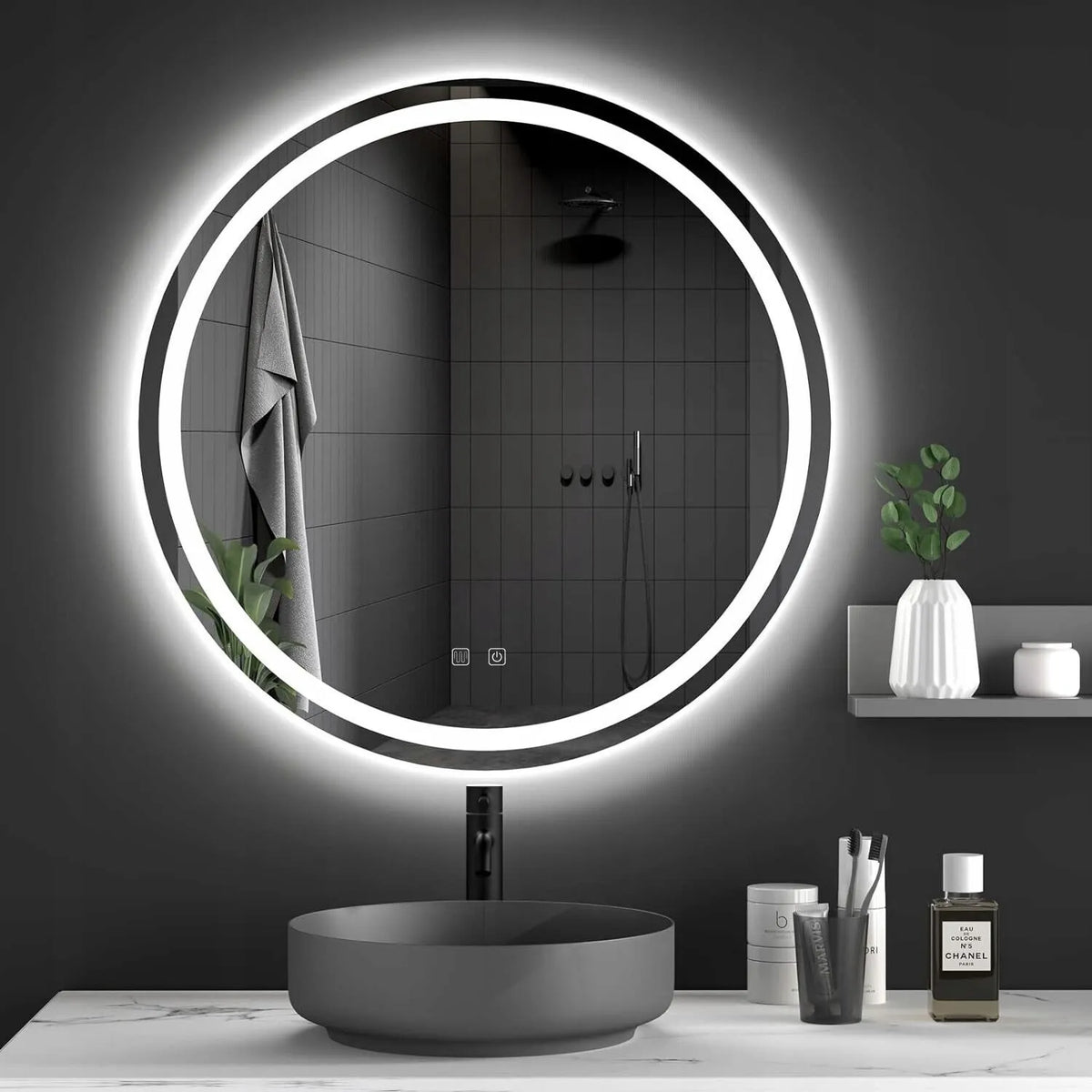 Apvalus vonios veidrodis su LED apšvietimu „REA Bas“, 70 cm, jutiklinis, su apsauga nuo rasojimo