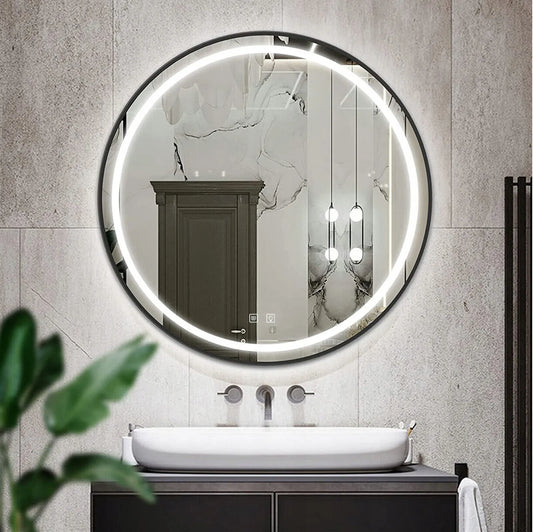 Apvalus vonios veidrodis Tutumi LED REA 80 cm, juodas rėmas, su apšvietimu ir rasojimo prevencija