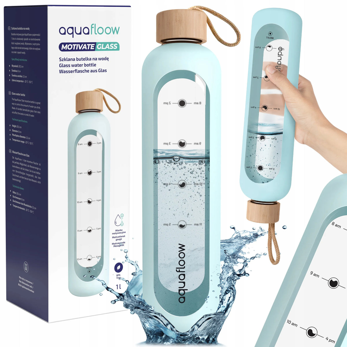 AquaFloow stiklinė gertuvė 1000 ml sandari sportui ir sporto salei