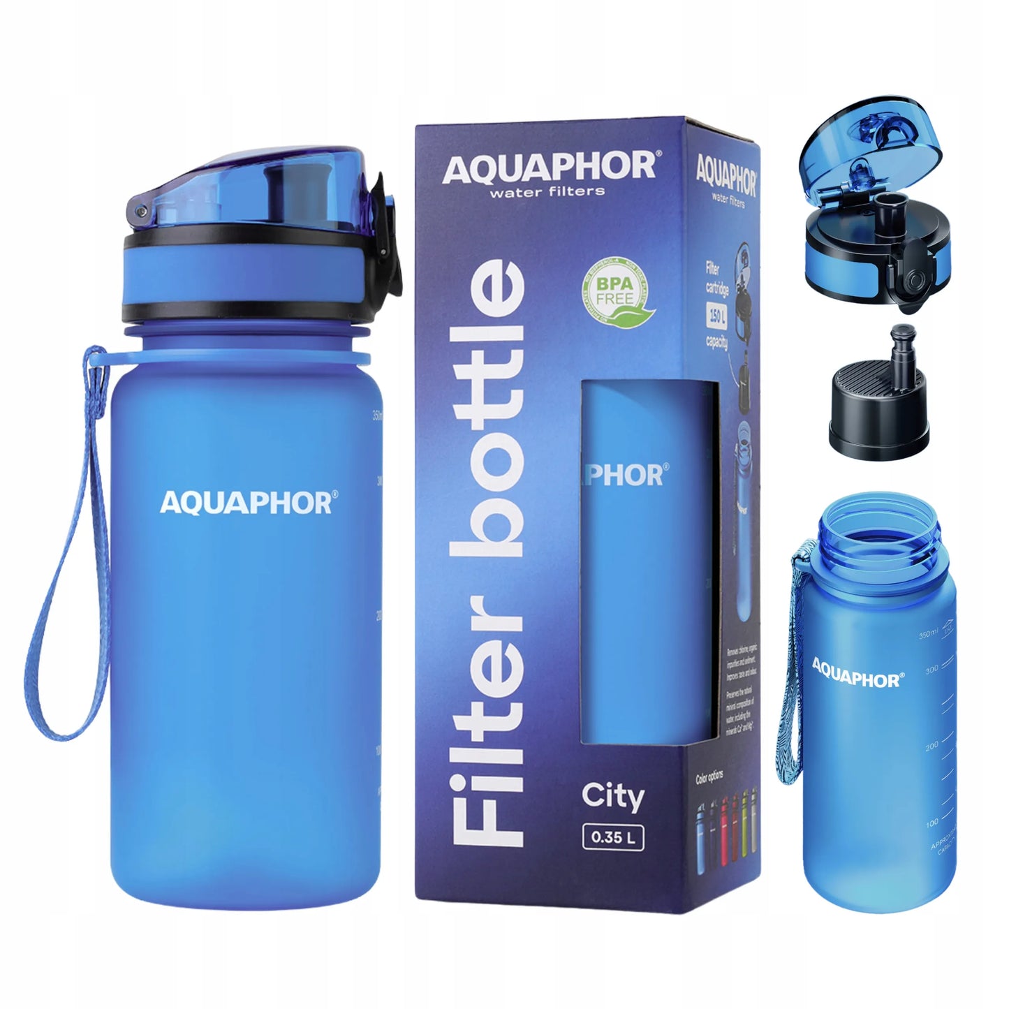 Aquaphor City vandens filtravimo buteliukas 350 ml, mėlynas, gertuvė sporto salei