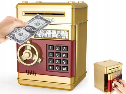 Auksinė interaktyvi taupyklė-seifas su PIN kodu, bankomatas banknotams ir monetoms