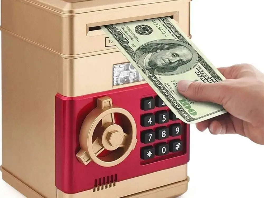 Auksinė interaktyvi taupyklė-seifas su PIN kodu, bankomatas banknotams ir monetoms