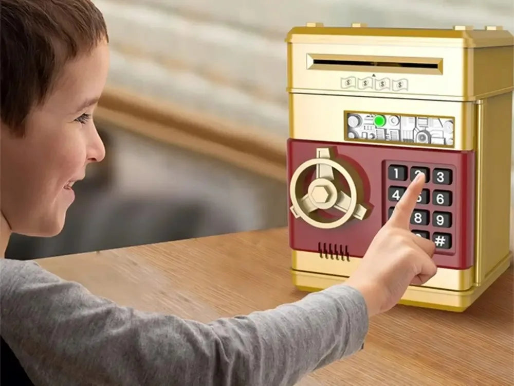 Auksinė interaktyvi taupyklė-seifas su PIN kodu, bankomatas banknotams ir monetoms