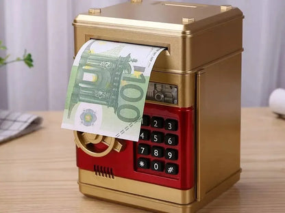 Auksinė interaktyvi taupyklė-seifas su PIN kodu, bankomatas banknotams ir monetoms