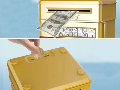 Auksinė interaktyvi taupyklė-seifas su PIN kodu, bankomatas banknotams ir monetoms