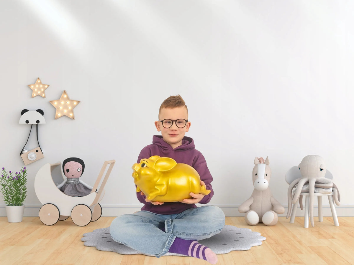 Auksinė taupyklė dūžtanti, didelė XL, be atidarymo, keraminė kiaulytė