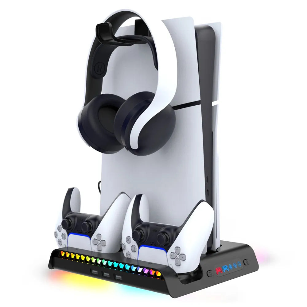 Aušinimo stotelė RGB stovas Sony PS5 Slim ausinėms ir pultelių įkrovimui