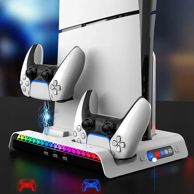 Aušinimo stotelė RGB stovas Sony PS5 Slim ausinėms ir pultelių įkrovimui