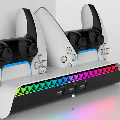 Aušinimo stotelė RGB stovas Sony PS5 Slim ausinėms ir pultelių įkrovimui
