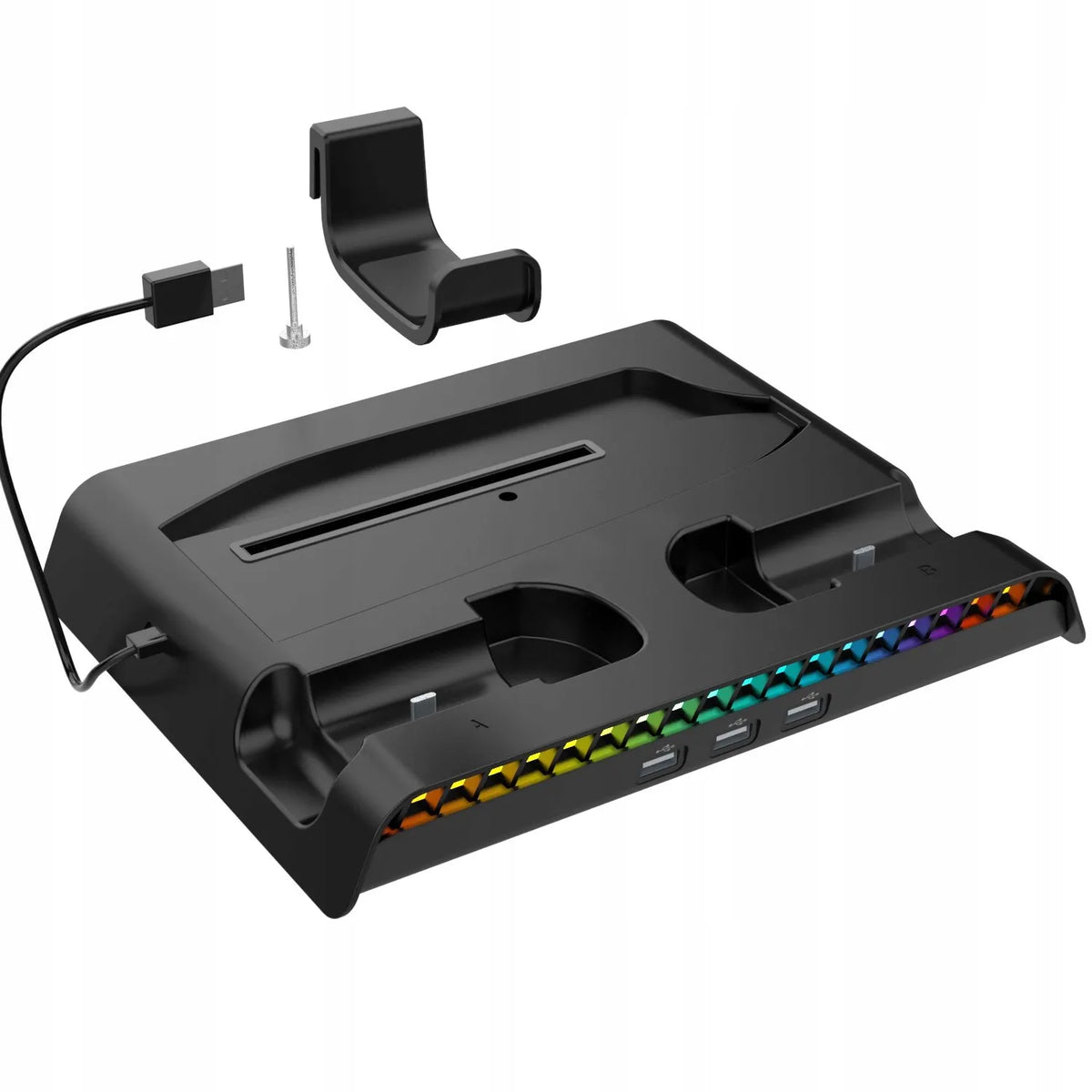 Aušinimo stotelė RGB stovas Sony PS5 Slim ausinėms ir pultelių įkrovimui