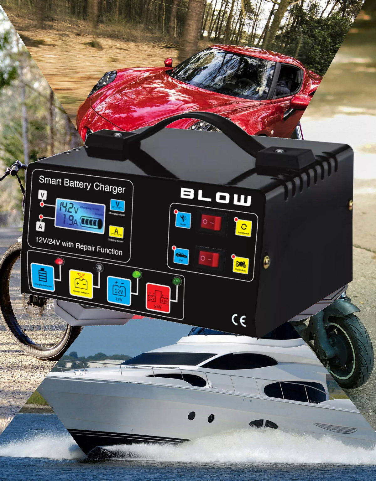 Automatinis automobilinis akumuliatoriaus įkroviklis su remonto funkcija 12V 24V