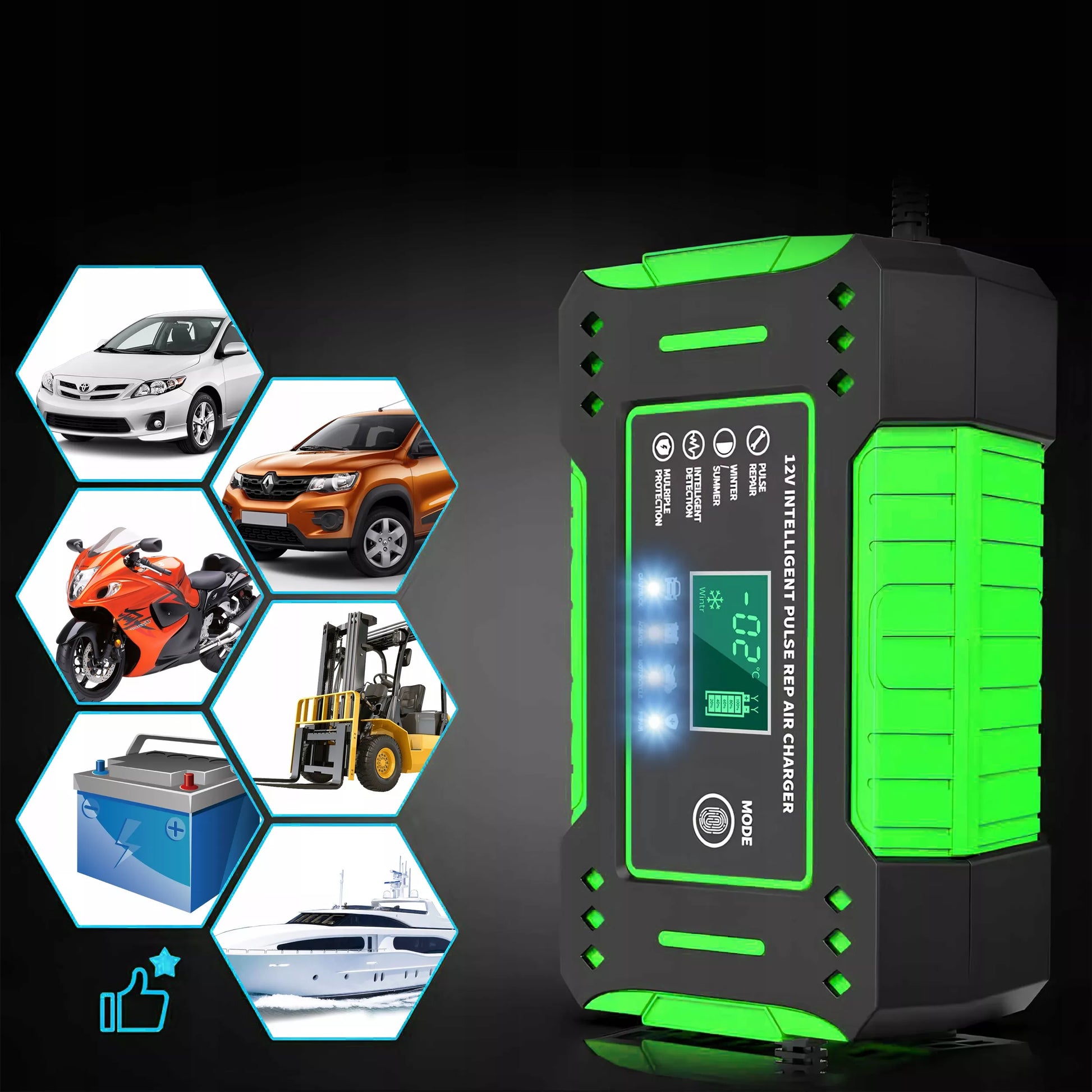 Automatinis automobilinis akumuliatorių įkroviklis su atstatymo funkcija 12V 24V