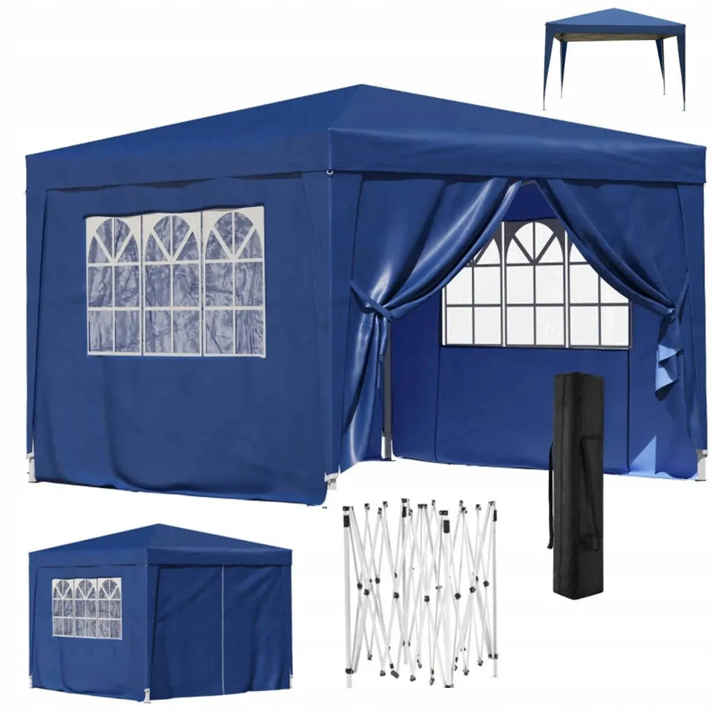 Automatinis mėlynas sodo paviljonas-palapinė 3 × 3 m su 4 sienomis