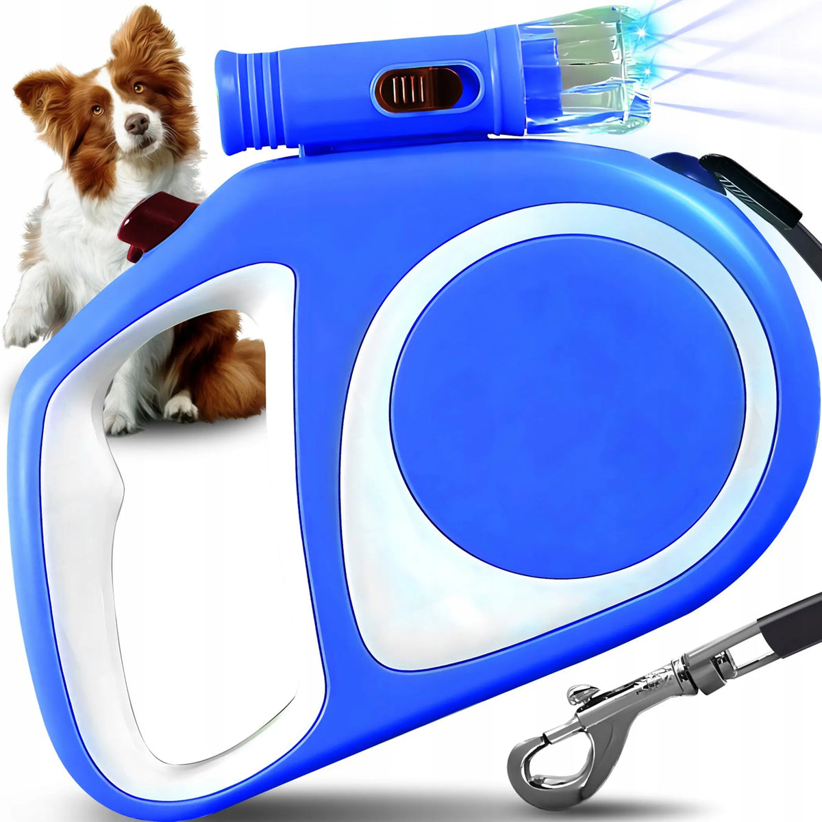 AUTOMATINIS PAVADĖLIS ŠUNIMS IR KATĖMS, TVIRTA 5 M JUOSTA, SU BLOKAVIMU, IKI 15 KG, LED ŽIBINTUVĖLIS